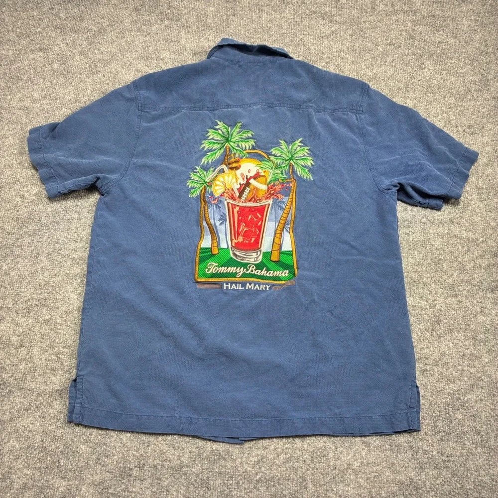 Tommy‎ Bahama Hail Mary Shirt Mens M Blue Silk Blend Embroidered Football Image